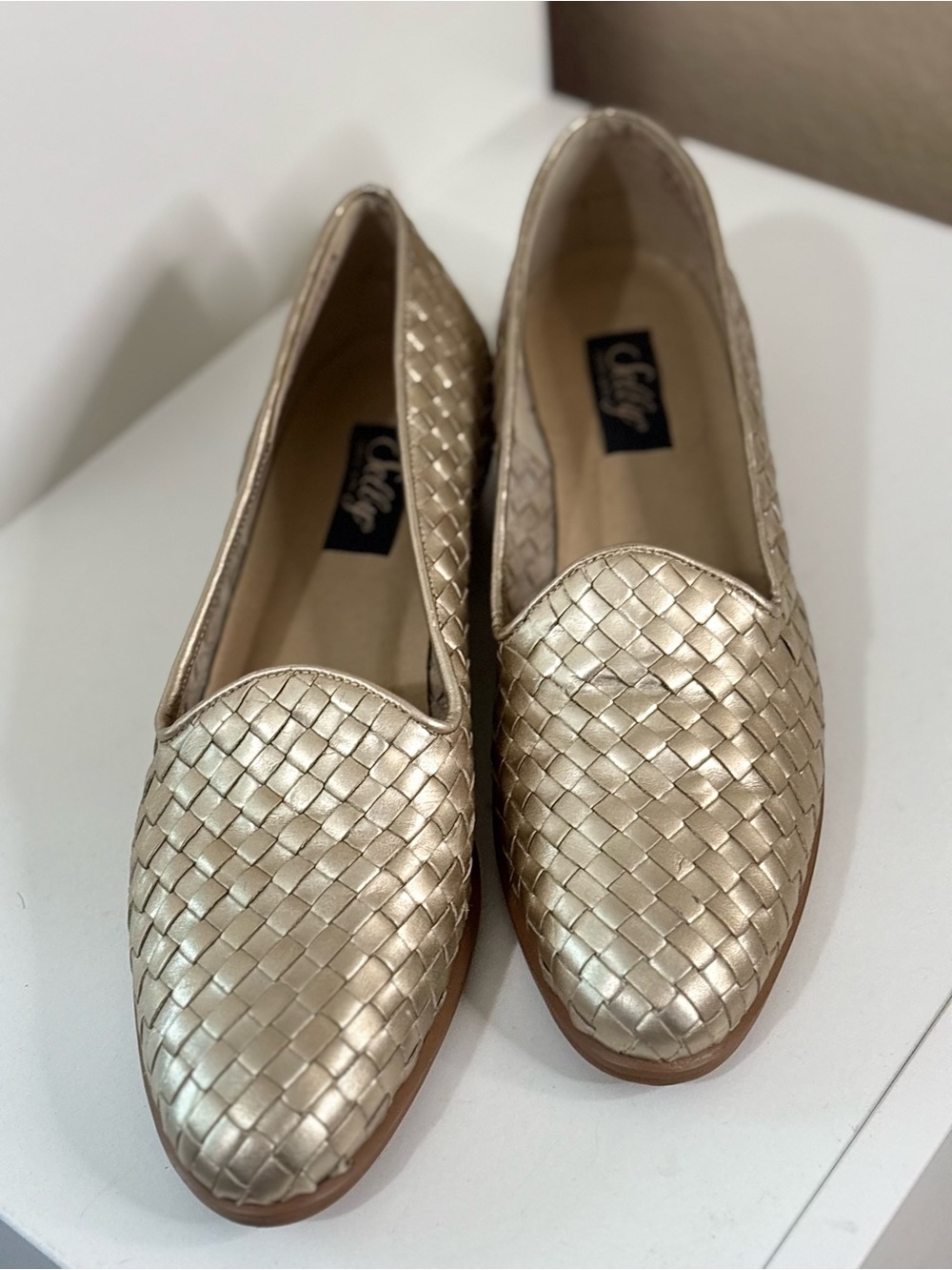 Vintage Selby Dianna Woven Leather Loafers Metallic Gold Brazil Size 9.5 AAA